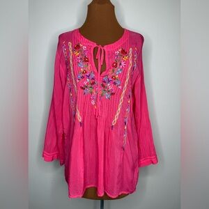 Johnny Was Vintage Raspberry Sorbet Floral Embroidered Pleated Yoke Blouse